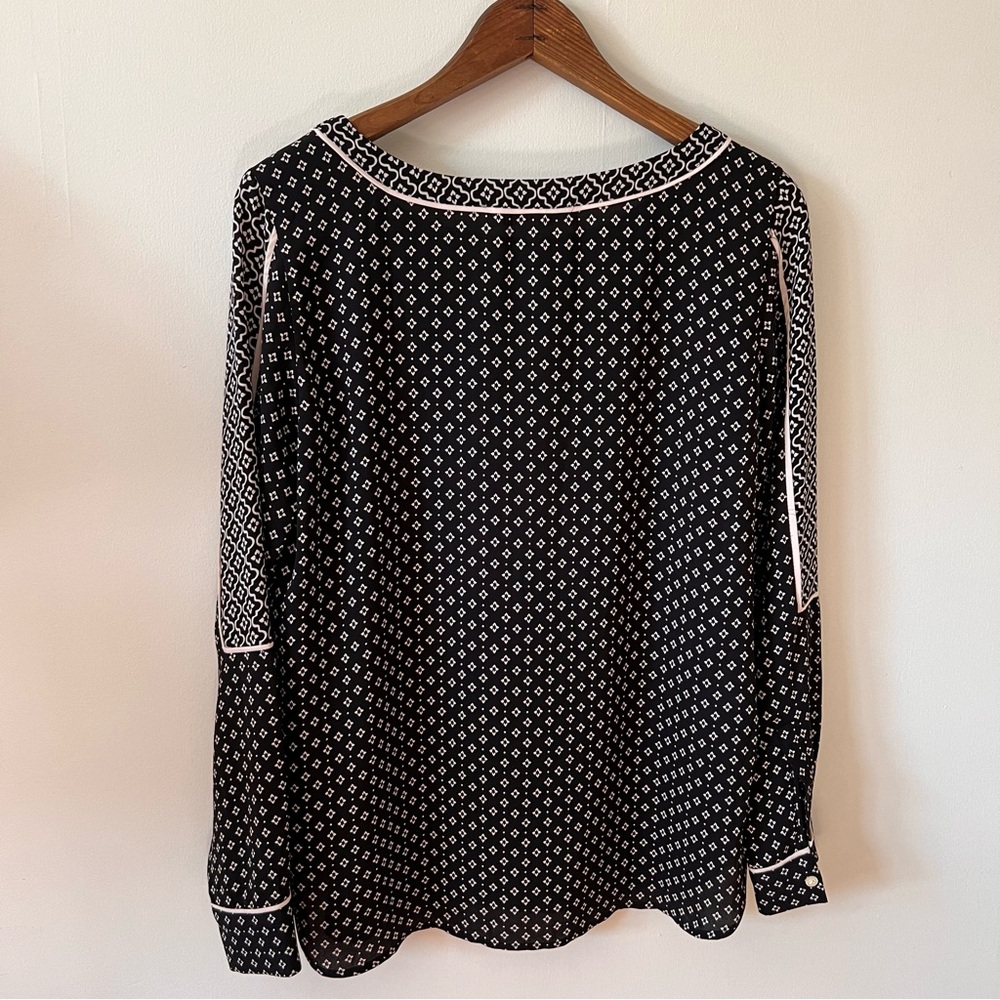 LOFT Black Cream Geo Print Long Sleeve Blouse XS - Picture 5 of 10